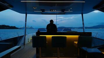 Silhouette of male at yacht bar with scenic ocean and mountain view at twilight photo