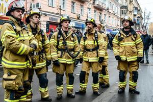 Firefighters standing in city street during emergency response photo