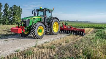 Modern green tractor plowing field with agricultural equipment on a sunny day photo