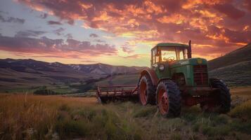 Vintage tractor on rolling hills at sunset with dramatic clouds and fields photo