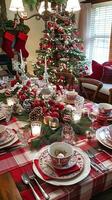 Festive christmas dining room with decorated tree and elegant table setting photo