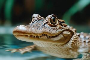Close-up of a young crocodile swimming in water with focused eyes photo