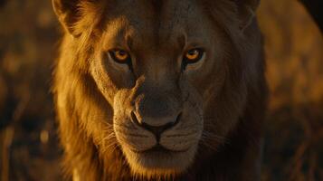 Majestic lion stares intently in golden hour light in african savanna photo