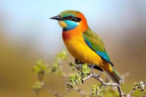 Vibrant multicolored bee-eater bird perched on branch in natural habitat photo