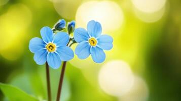 Close-up of blue forget-me-not flowers against a green bokeh background photo