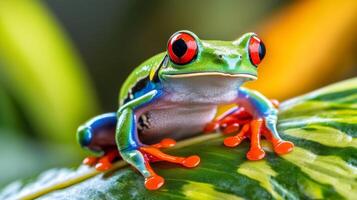 Vibrant red-eyed tree frog resting on leaf in tropical habitat photo