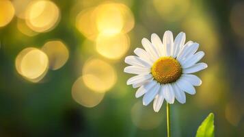 Close-up of a beautiful daisy flower in sunlit garden with bokeh background photo