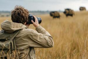Young caucasian male photographer capturing wildlife in natural habitat photo