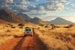 Safari adventure car journey through african savannah with scenic mountain views photo