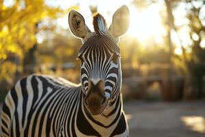 Close-up of zebra in sunlit safari landscape photo
