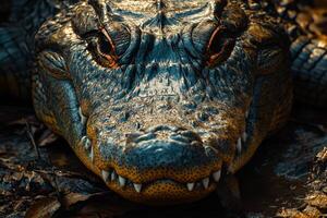 Intense close-up of an alligator's fierce gaze in natural habitat photo
