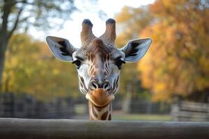 Close-up of curious giraffe with autumn trees in background at a zoo photo