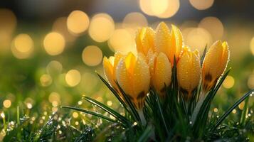 Vibrant yellow crocuses in dewy morning light with glowing bokeh photo