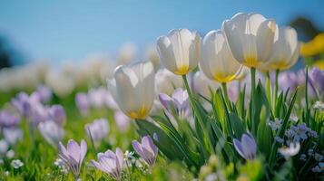 Vibrant spring tulip and crocus garden under clear blue sky photo