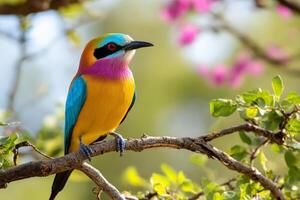Vibrant multi-colored bird perched among blossoming branches in natural habitat photo
