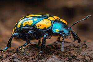 Vivid spotted beetle on soil bright patterns and detailed close-up view photo