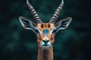 Majestic gazelle portrait with curved horns against dark background photo