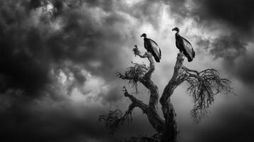 Black-and-white vultures on tree against dramatic cloudy sky photo