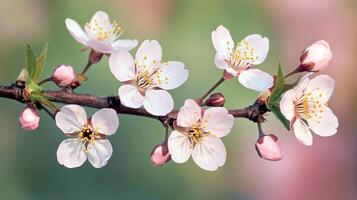 Close-up of cherry blossom branch displaying delicate pink flowers and buds in spring photo