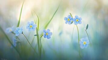 Tranquil scene of delicate blue forget-me-nots and lush green grass photo
