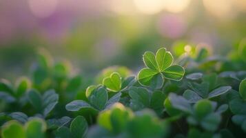 Sunlit four-leaf clover in vibrant green field at sunrise photo