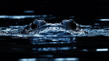 Alligator eyes emerging from water at night photo