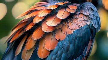 Close-up of vibrant multicolored bird feathers with soft focus background photo