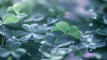 Close-up of dewy clover leaves in serene natural setting photo