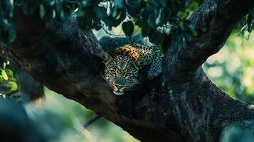 Leopard resting in tree close-up of majestic feline amidst lush forest photo