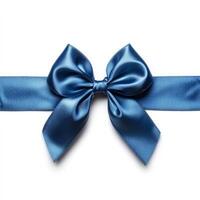 Elegant blue satin ribbon bow on white background for celebrations photo