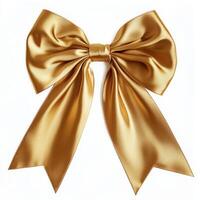 Elegant large gold silk bow with long ribbons on white background photo
