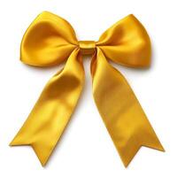 Elegant golden ribbon bow with long tails on white background photo