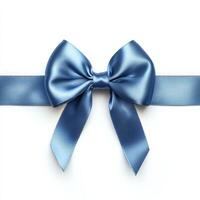 Elegant blue satin bow on ribbon with white background photo