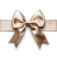 Elegant satin gold bow with ribbon on white background for gift wrapping photo