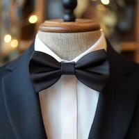 Elegant black bow tie on tuxedo displayed on mannequin in formal setting photo