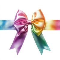 Vibrant multicolor satin ribbon bow on white background photo