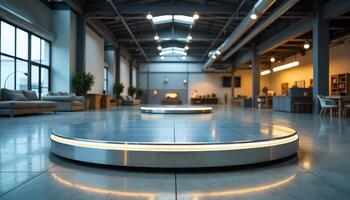 A circular platform with glowing lights in a large industrial space with high ceilings and exposed beams, office environment photo