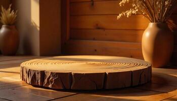 A wooden platform with a tree branch in a room with wooden walls and floor, illuminated by a warm light photo