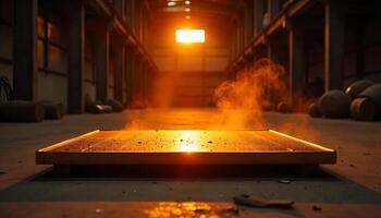 A metal platform with smoke in a factory, the background is a long corridor with a bright light at the end photo