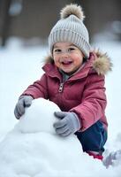 Building a Snowman A child in a winter coat and mittens, packing snow with a happy expression photo