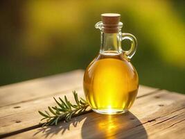 A glass bottle with yellow liquid and a cork on a wooden table with a rosemary branch, in a blurry green background photo