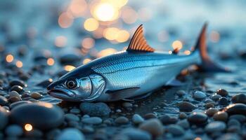 A shimmering capelin, scales reflecting the arctic sun, spawning on a pebble-strewn shoreline at dawn, the water crystal clear and icy photo