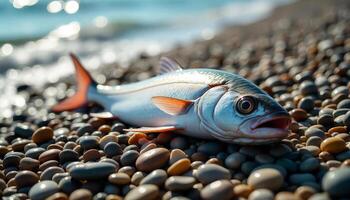 A dead, shimmering capelin washed up on a pebble-strewn arctic shoreline after spawning, the pebbles dry and bleached by the sun photo