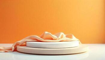 A white podium with a peach fabric on a peach platform with a peach background photo