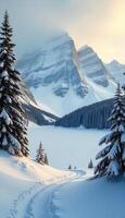 Snowy mountain landscape with a frozen lake surrounded by snow-covered pine trees, the sky is clear and the sun is shining photo