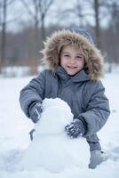 A white boy, age 6, with brown hair and blue eyes, wearing a winter coat with fur hood, making a snowman in a snowy forest photo
