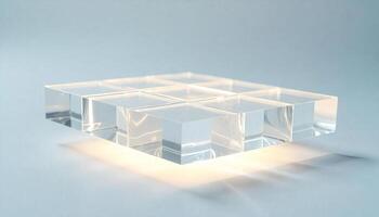 A grid of transparent cubes with light passing through them, the background is a gradient of white and light blue photo