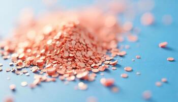A pile of small, round, pink confetti on a light blue surface, with a soft, blurred background and bokeh effect photo