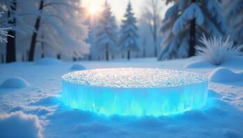 A luminous blue ice platform on a snowy field, with snow-covered trees in the background, and a bright sun shining above photo