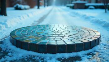 A mosaic table covered in snow, with a snowy road and trees in the background, winter scene, cold atmosphere, blue tones photo